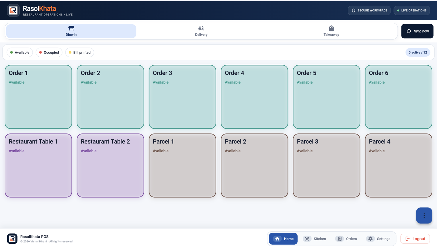 RasoiKhata restaurant POS app table overview